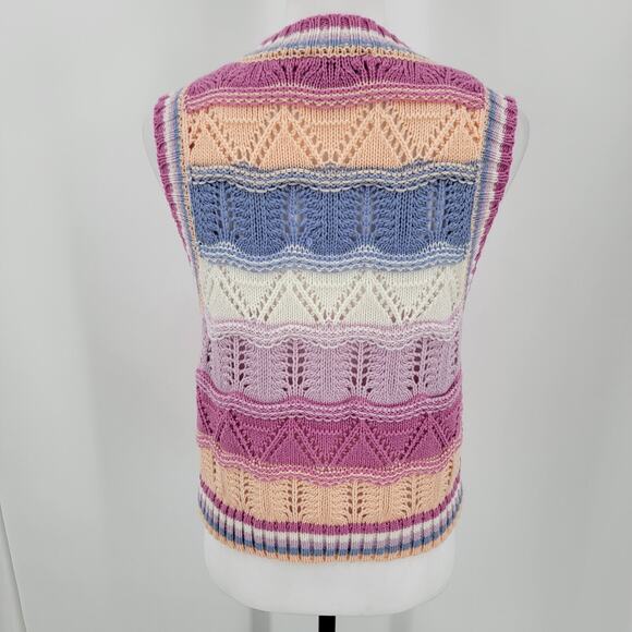 Pink Rose Sweater Vest Womens Medium Striped Open Knit Pastels Preppy Coastal - Picture 2 of 10